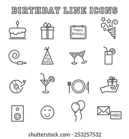 birthday line icons, mono vector symbols