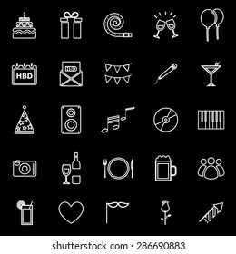 Birthday line icons on black background, stock vector