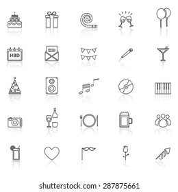 Birthday line icons with reflect on white, stock vector