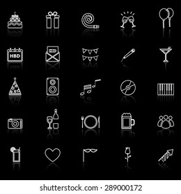 Birthday line icons with reflect on black, stock vector