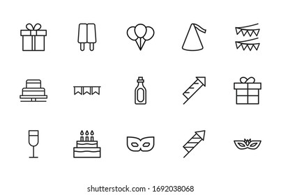 Birthday line icons set. Stroke vector elements for trendy design. Simple pictograms for mobile concept and web apps. Vector line icons isolated on a white background. 