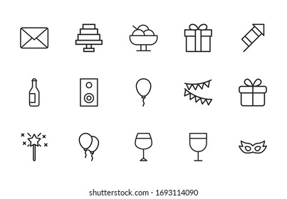 Birthday line icons set. Stroke vector elements for trendy design. Simple pictograms for mobile concept and web apps. Vector line icons isolated on a white background. 