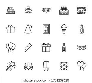 Birthday line icons set. Stroke vector elements for trendy design. Simple pictograms for mobile concept and web apps. Vector line icons isolated on a white background. 