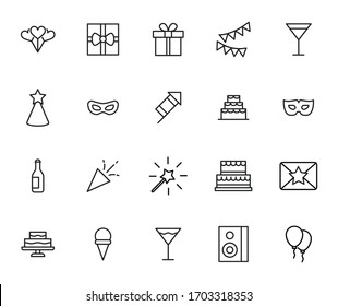 Birthday line icons set. Stroke vector elements for trendy design. Simple pictograms for mobile concept and web apps. Vector line icons isolated on a white background. 