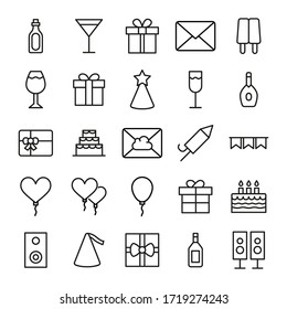 Birthday line icons set. Stroke vector elements for trendy design. Simple pictograms for mobile concept and web apps. Vector line icons isolated on a white background. 