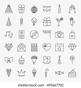 Birthday Line Icons Set. Vector Collection of Modern Thin Outline Party Celebration Symbols.
