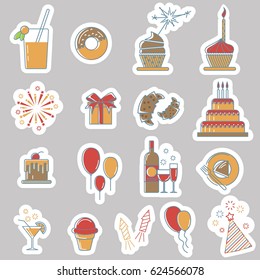 Birthday line stickers. Happy birthday party stickers.