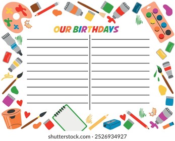 Lista de aniversários. Páginas coloridas do notebook com pincéis, tintas. Organização de um processo educativo eficaz. Ilustração de vetor plano isolada no plano de fundo branco com espaço vazio para escrever sobrenomes