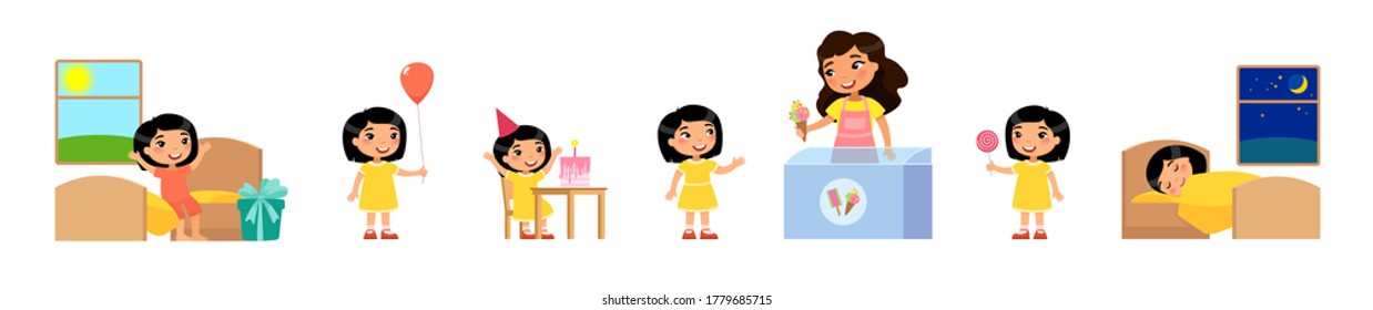 Birthday of little asian girl. Concept of children's holiday, pocket money. Joyful child receives gift, eats cake, buys sweets, holds balloon, sleeps happy. Cartoon characters set 