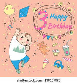 Birthday of the little boy 3 years. Greeting card or invitation for birthday party.