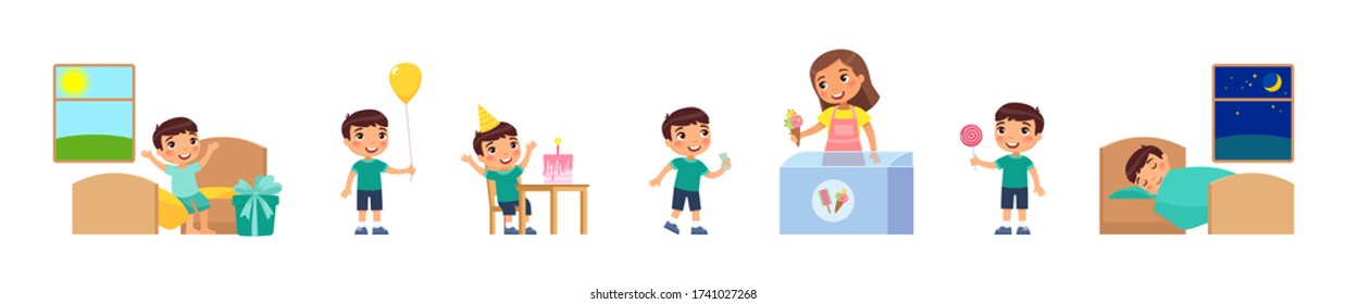 Cumpleaños del niño pequeño. Concepto de vacaciones para niños, dinero de bolsillo. Un niño alegre recibe regalos, come torta, compra dulces, sostiene globo, duerme feliz.Caracteres de dibujos animados, conjunto de ilustraciones de vectores planos