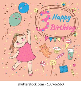 Birthday of the little girl 3 years. Greeting card or invitation for birthday party.