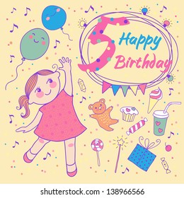 Birthday of the little girl 5 years. Greeting card or invitation for birthday party.