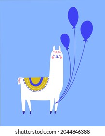 Birthday llama with baloons. Cute lama character for greeting card design