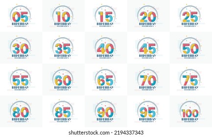 Birthday Logo Bundle. Set of modern Birthday celebration logos. 5th, 10th, 15th, 20th, 25th, 30th, 35th, 40th, 45th, 50th, 55th, 60th, 100th birthday celebration logo bundle