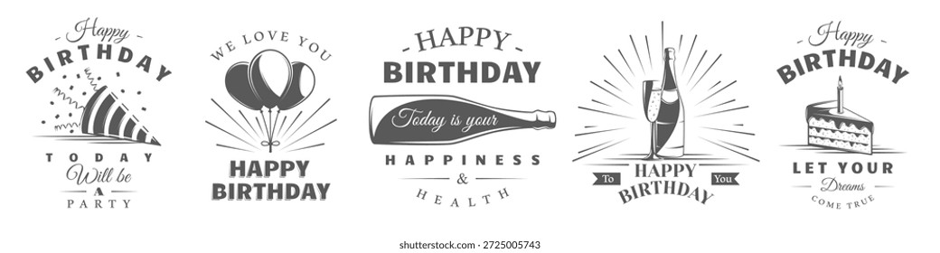 Birthday logo set featuring balloons, festive cap, confetti, cake slice with candle, champagne bottle. Birthday labels design isolated on white background. Vector illustration