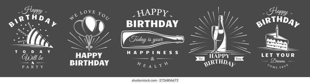 Birthday logo set featuring balloons, festive cap, confetti, cake slice with candle, champagne bottle. Birthday labels design isolated on black background. Vector illustration