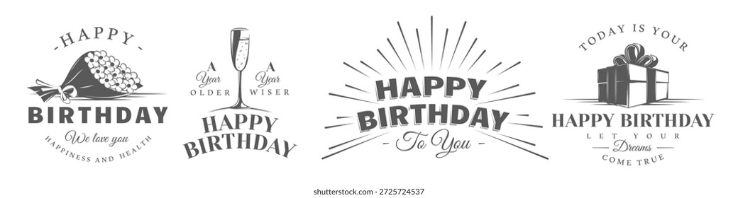 Logo de cumpleaños envuelto regalo, copa de champán, fuegos artificiales estallan, y ramo de flores para diseños de felicitación festivos. Diseño de etiquetas de cumpleaños aislado sobre fondo blanco. Ilustración vectorial