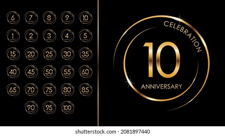 Birthday logotype set with double gold rings. Gold birthday celebration emblem design for booklet, leaflet, magazine, brochure poster, web, invitation or greeting card. Vector illustration. EPS 10