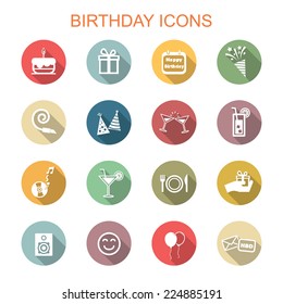 birthday long shadow icons, flat vector symbols