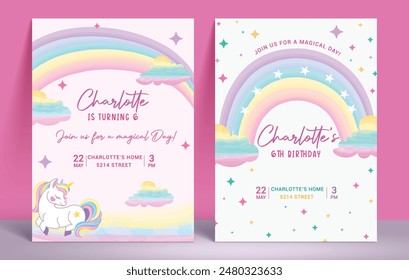 Diseño mágico de la Plantilla del Vector de la invitación del cumpleaños. Invitación de fiesta de cumpleaños de la muchacha con la Plantilla mágica y colorida del cartel del tema del arco iris. Conjunto de póster de tarjeta de invitación de Ilustración vectorial