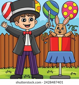 Birthday Magician with Bunny Colored Cartoon 