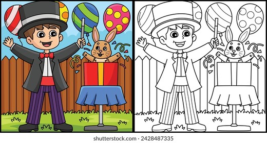 Birthday Magician with Bunny Coloring Illustration