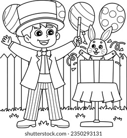 Birthday Magician with Bunny Coloring Page 