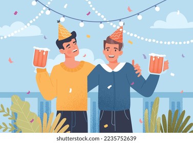 Birthday man concept. Men with mugs of beer and hats celebrating. Design for invitation or greeting postcard. Garlands and confetti. Party, holiday and event. Cartoon flat vector illustration