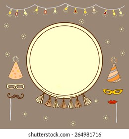 Birthday. Masquerade. Carnival. Party. Card. Invitation. Menu. Brown. Garland electric, light bulbs, lamps. Vector.