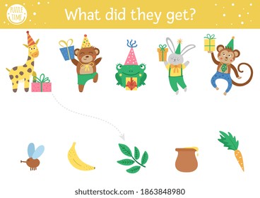 Birthday matching activity for children. Fun puzzle with cute animals in party hats and presents. Holiday celebration educational game, printable worksheet for kids. What’s in the gift box? 
