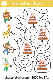 Birthday maze for children. Holiday preschool printable educational activity. Funny b-day party game or puzzle with cute animals and cakes with candies. How old are they? 
