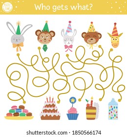 Birthday maze for children. Holiday preschool printable educational activity. Funny b-day party game or puzzle with cute animals and cakes, cupcakes, candies. Who gets what? 
