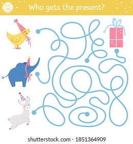 Birthday maze for children. Holiday preschool printable educational activity. Funny b-day party game or puzzle with cute animals and gift box. Who gets the present? 
