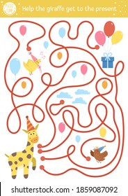 Birthday maze for children. Holiday preschool printable educational activity. Funny b-day party game or puzzle with cute animals, gift box, balloons. Help the giraffe get to the present 
