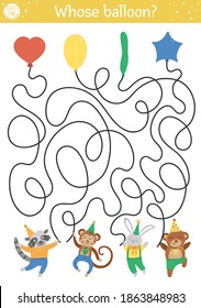 Birthday maze for children. Holiday preschool printable educational activity. Funny b-day party game or puzzle with cute animals and air balloons of different shapes. Whose balloon? 
