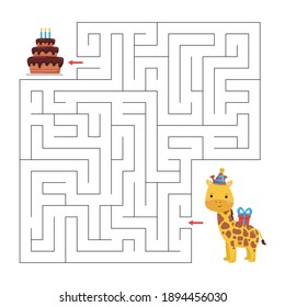 Birthday maze game for children. Help the giraffe find right way to cake. Cute cartoon character. Educational printable worksheet.