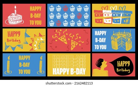 Geburtstag. Mega-Kollektion von Plakaten mit Kuchen, Ballon, Kerze, Geschenk, Tinsel. Eine Reihe einfacher, lustiger, Vektorgrafiken. Herzlichen Glückwunsch zum Geburtstag! Muster und Hintergründe. Für Poster, Cover, Banner.