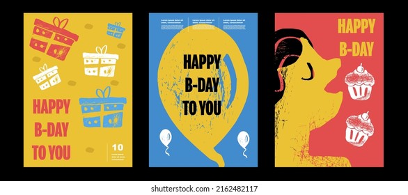 Birthday. Mega collection of posters with cake, balloon, candle, gift, tinsel. A set of simple, fun, vector illustrations. Happy birthday greeting. Patterns and backgrounds. For poster, cover, banner.