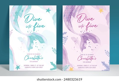 Birthday mermaid invitation vector template design. Birthday girl invitation card in underwater theme poster set with mermaid tail in water color template. Vector illustration party card design. 
