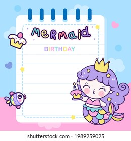 Birthday Mermaid princess cartoon holding cupcake invitation party card vector kawaii fish animal. Series fairytale Beautiful character (Girly girl) cute memo pastel color. Hand drawing Illustration.