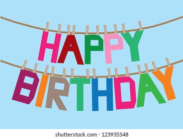 Birthday message with different colors on the clothesline. Vector illustration.
