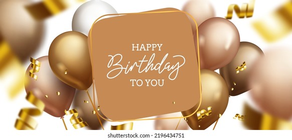 Birthday messages vector template design. Happy birthday to you text in board space with golden balloons and confetti elements for birth day party greeting. Vector illustration.
