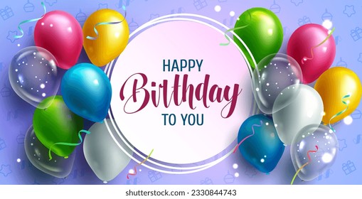 Birthday messages vector template design. Happy birthday text in circle space with colorful balloon bunch and confetti elements for birth day greeting. Vector illustration. 
