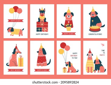 Birthday minimalistic cards with cute illustrations of different dogs, puppies, pets, balloons, gifts, party hat, flowers. Colorful flat vector elements for creative card, banner, party invitation.