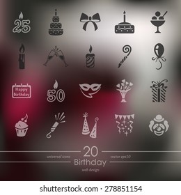 birthday modern icons for mobile interface on blurred background