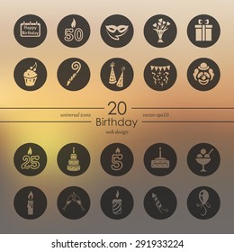 birthday modern icons for mobile interface on blurred background
