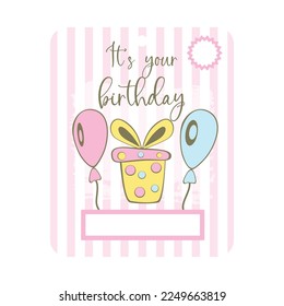 Birthday money card. Money Card Holder. Hand drawn pastel cartoon style. Baloon with gift box. Happy birthday greeting card. Vector