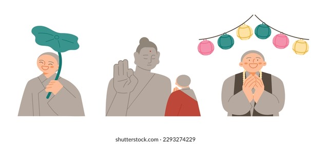 Buddha’s Birthday. A monk holding a lotus leaf, a monk looking at a Buddha statue, and a lotus lantern festival.