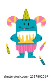 Birthday Monster With Cake Vector Illustration